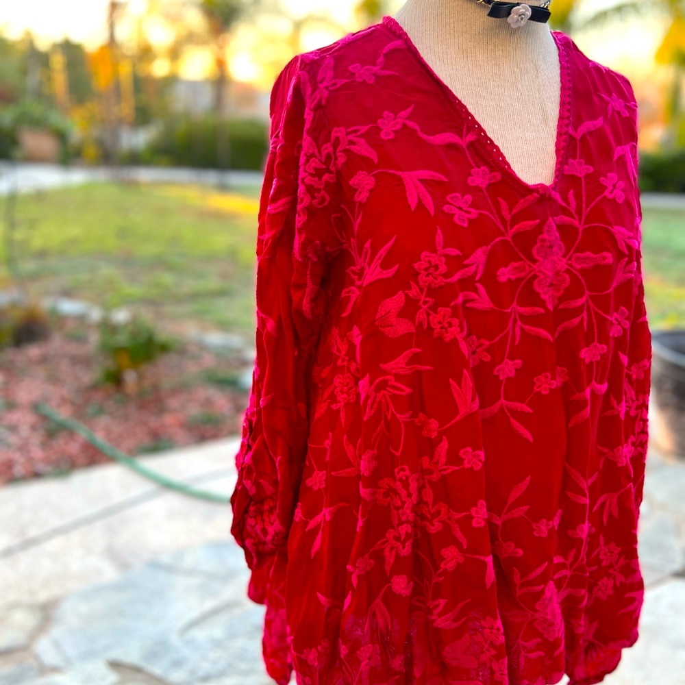 Johnny Was Red Pink floral embroidered blouse - Picture 3 of 12